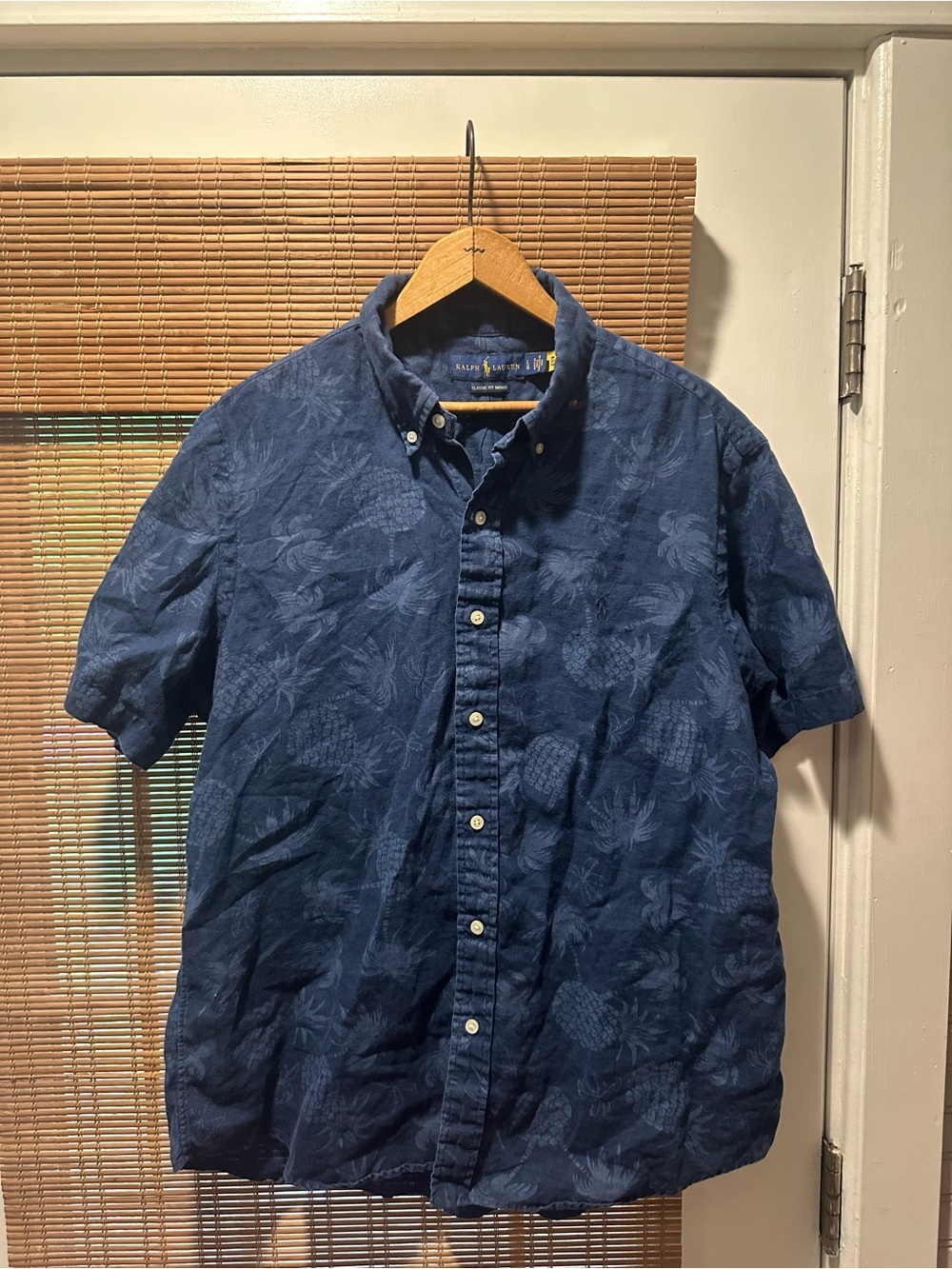 Polo Ralph Lauren Shirt Mens L Classic Fit Pineapple Palm Tree Indigo 100% Linen